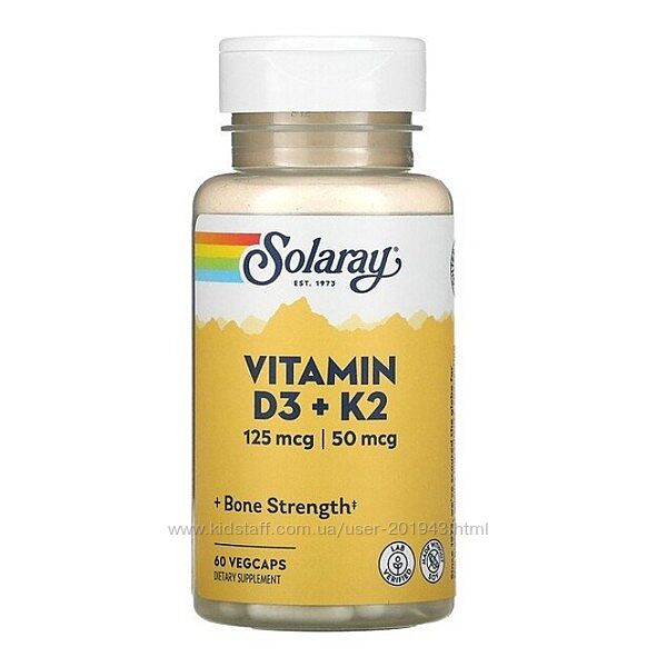 Solaray, вітаміни D3 та K2, без сої, 60 капсул VegCap