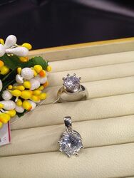 Серебряный набор кольцо, кулон корона диадема 925 с большим фианит