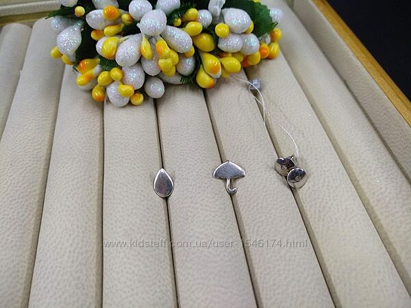 Серебряные серьги гвоздики пусеты дождь зонтик асимметричные разные 925