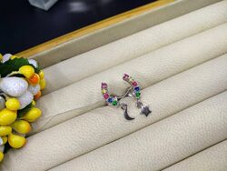 Серебряные серьги гвоздики пусеты радуга с разноцветными фианитами подвеска