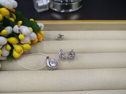 Набор серебряные серьги гвоздики пусеты кулон подвеска с фианитом 925