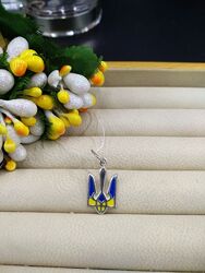 Серебряный патриотический кулон подвес сине желтый герб тризуб украины 925