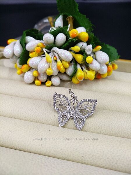 Серебряный нежный кулон подвеска бабочка мотылек с фианитом 925