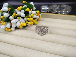 Серебряное массивное широкое кольцо перстень плетение белый фианит 925 