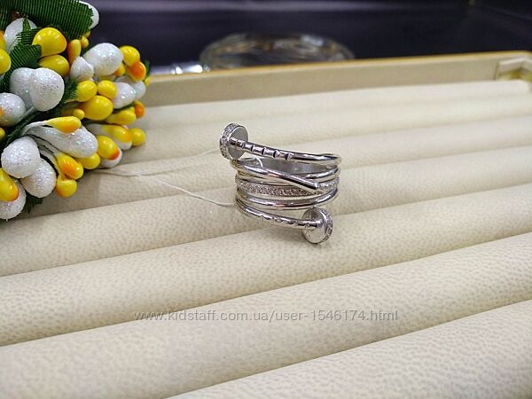 Серебряное широкое кольцо переплетение гвоздей в фианитах 925 размер 17