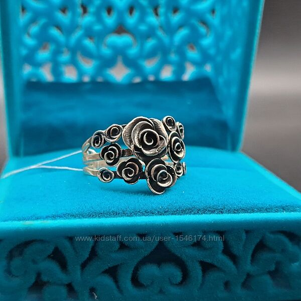 Серебряное массивное широкое кольцо цветок роза 925 размер 17,5