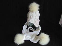 Зимний комплект на флисе шапка  шарфик с натуральными бубоном 