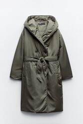 Cтеганое хаки пальто zara 