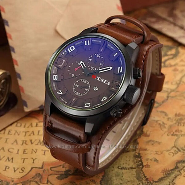  Кварцевые наручные мужские часы с коричневым ремешком код 466-1