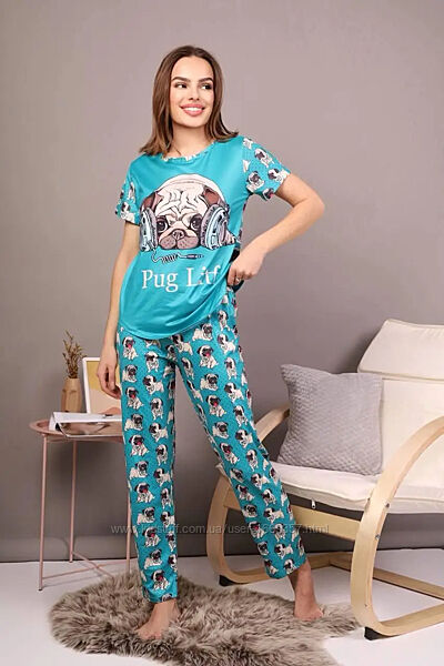 Пижама женская бирюзовая футболка и брюки п866