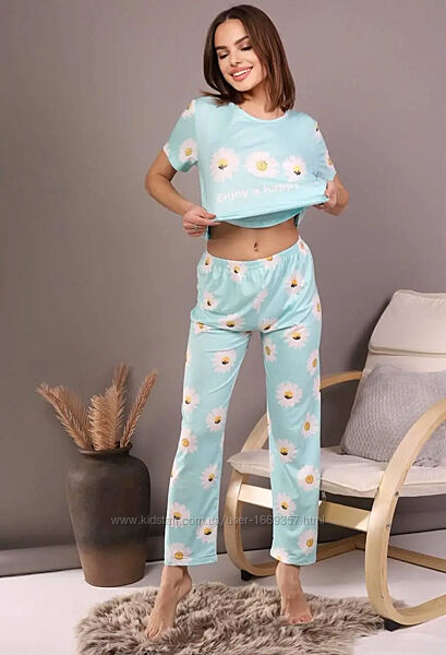 Пижама женская мятная футболка и брюки п868