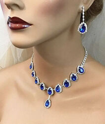  Комплект украшений женский ожерелье и серьги с синими камнями код 2263