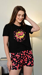 Пижама женская черная футболка и шорты П902