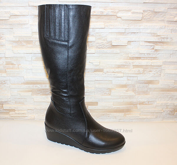 Сапоги женские зимние черные на танкетке из натуральной кожи С934