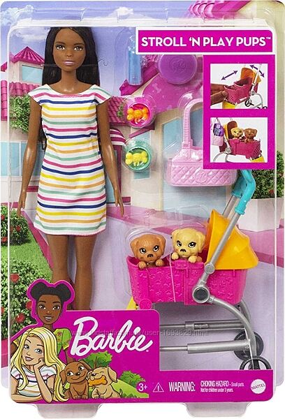 Barbie Stroll n Play Pups GHV93 Mattel Барбі лялька Прогулянка з цуценятами