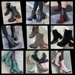Женские натуральные кожаные замшевые ботинки ботильоны на среднем каблуке 