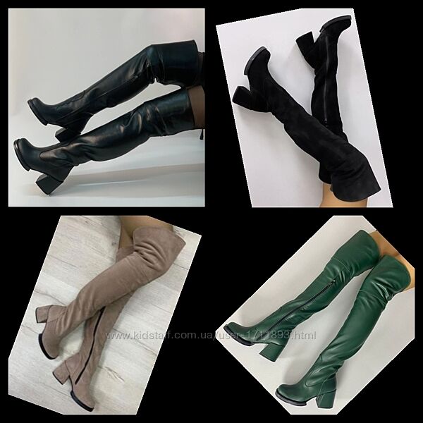 Женские натуральные замшевые кожаные сапоги ботфорты на среднем каблуке