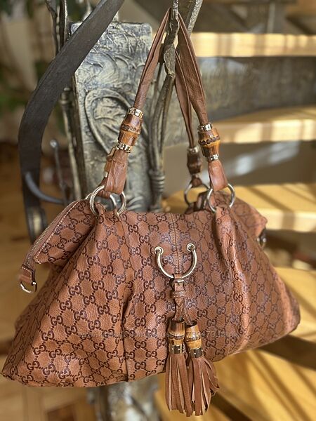большая сумка Gucci женская коричневая кожаная бамбук