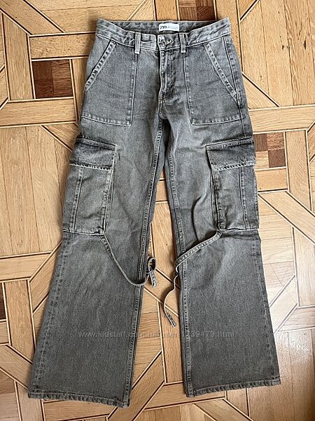 Женские карго джинсы Zara 34 размер xs-s с карманами широкие серые