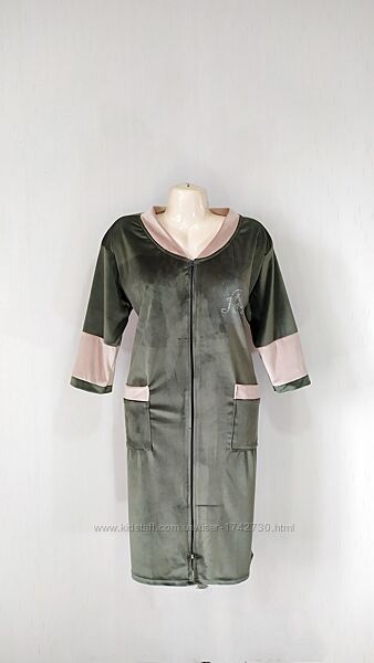 Женский велюровый халат на молнии с карманами