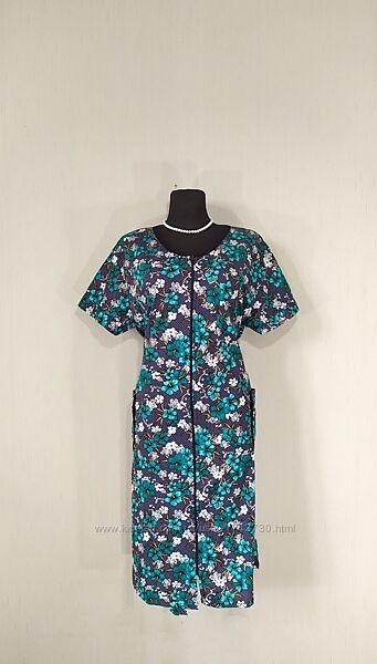 Женский трикотажный халат на молнии с карманами и поясом. Размер 46-68