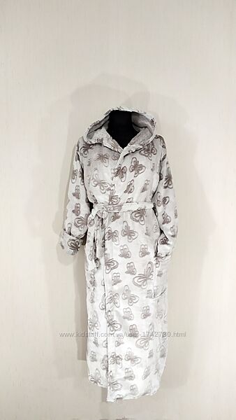 Махровый халат шиншилла на запах с капюшоном и карманами