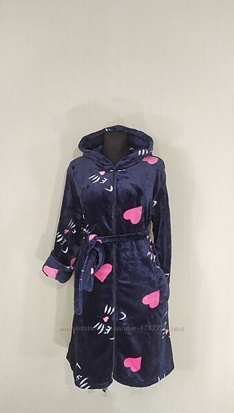 Женский махровый халат шиншилла на молнии с капюшоном и карманами