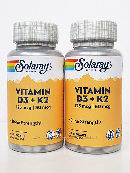 Витамин D3 и K2 в форме MK-7 Solaray, 60/120 капсул