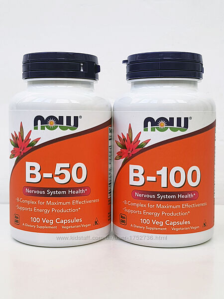 Комплекс витаминов группы В Now Foods B-50, B-100, 100 капсул