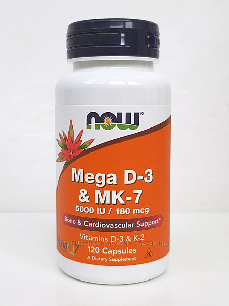 Витамин D3 K2 Now Foods Mega D-3 & MK-7, 120 капсул