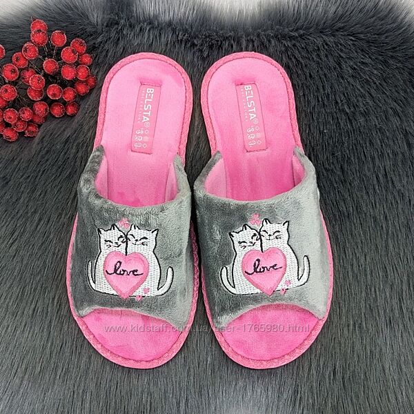 Тапочки женские Белста серые с розовой стелькой велюровые открытый носок 29