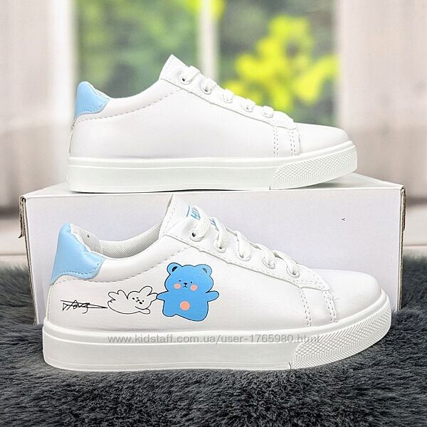 Кроссовки кеды белые с голубым для девочки ABA на шнурках эко-кожа 1965
