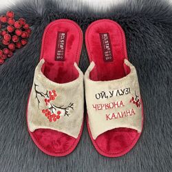 Тапочки женские Белста бежевые с красным велюровые открытый носок 4148