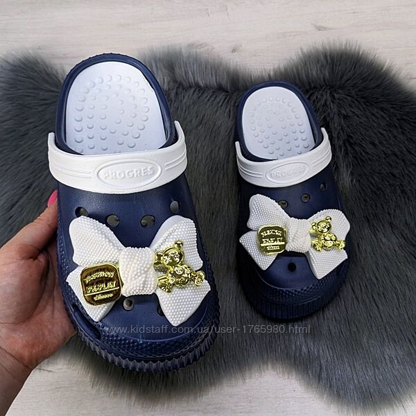 Сабо кроксы женские на платформе синие и белые с бантиком Progress 44583