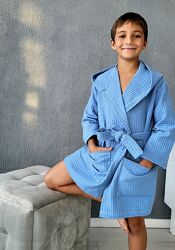 Вафельний халат дитячий натуральний синій стильний банний халат для хлопчик