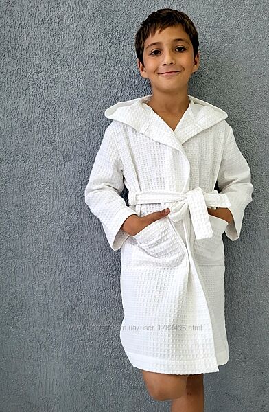 Бавовняний дитячий халат з капюшоном білий вафельний натуральний халат
