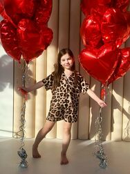 Дитяча віскозна леопардова піжама для дівчинки вільного крою з шортами