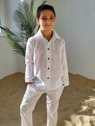 Дитячий лляний білий костюм сорочка та штани з кишенями
