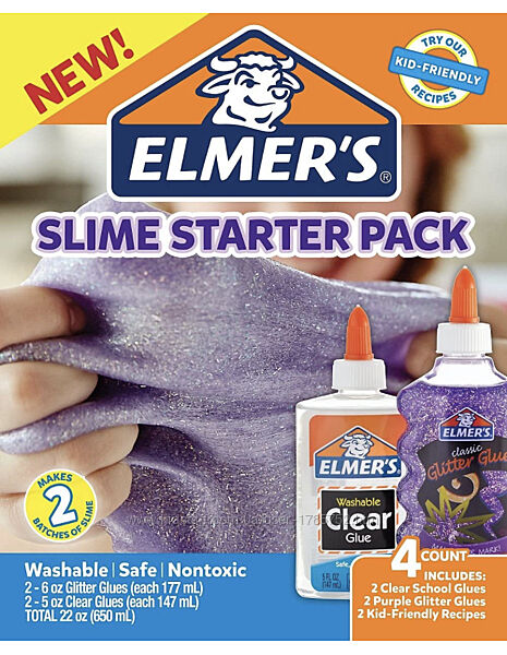 Elmers Glue Slime Starter Kit, прозрачный школьный клей и фиолетовый клей 