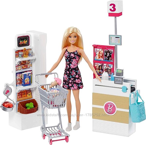 Лялька Барбі та ігровий набір, супермаркет,25 аксесуарами. Barbie Supermark
