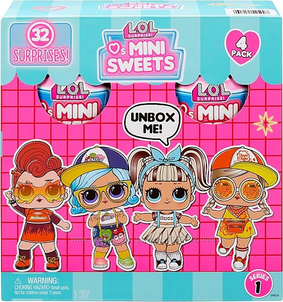 LOL SurpriseLoves Mini Sweets Dolls 4-Pack, 32 сюрпризи на тему цукерок 