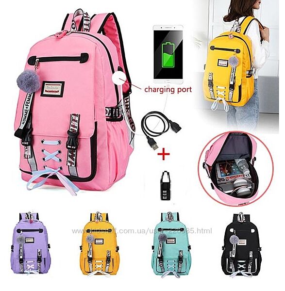 Школьный рюкзак для девочки Harvard с USB, замочком и меховым помпоном