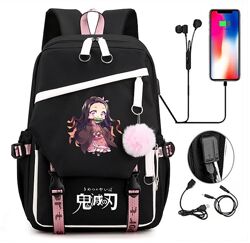 Шкільний підлітковий рюкзак з USB та хутряним помпоном Аніме для дівчинки 