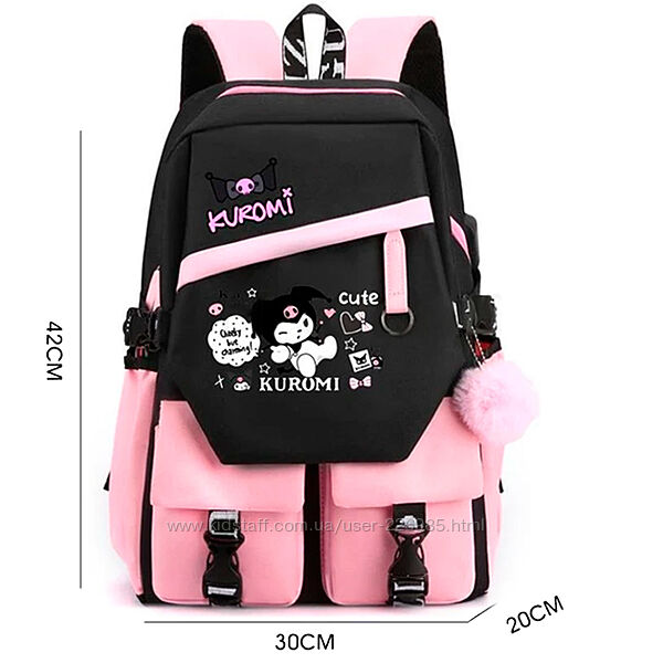Шкільний підлітковий рюкзак з помпоном та USB кабелем KUROMI PINK