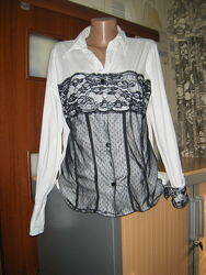 Шикарная белая рубашка с черным кружевом, размер М