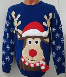 Новорічний светр Merry Christmas синій з оленем р.46-48, зріст 158-164 см.