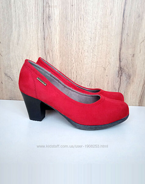 Зручні жіночі туфлі, човники класичні на стійких підборах, червоні з чорним