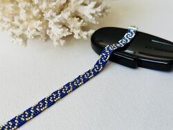 Синий бисерный браслет с золотым узором, браслет из бисера 