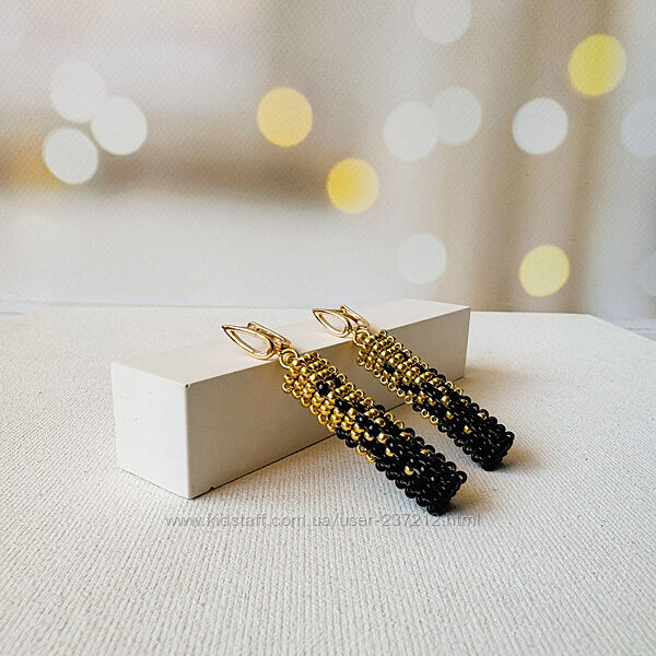 Золотисто-чорні сережки з японського ювелірного бісеру