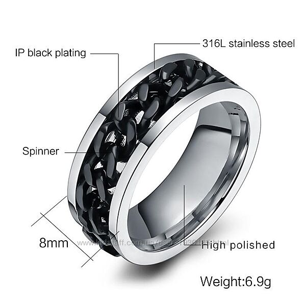 Кольцо из нержавеющей стали со вставкой из черной цепочки 18,5 мм диаметр